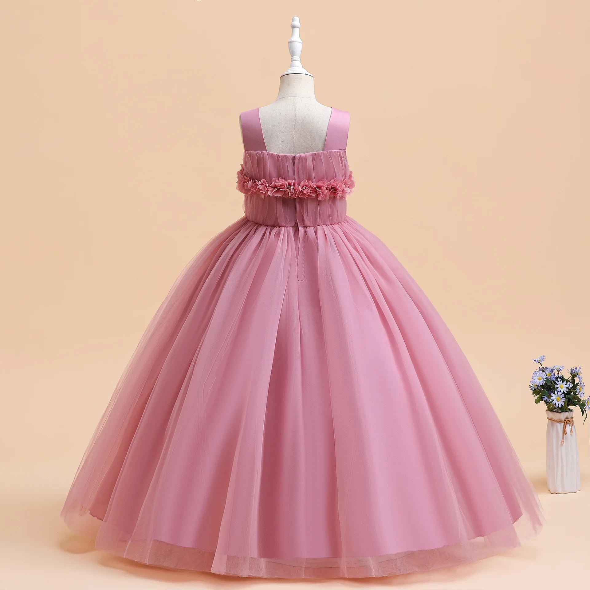 Mädchen Partykleider Weiß Langes Hochzeit Brautjungfer Prinzessin Kleid Abend Tüllkleid Abschlussball Klavier Performance Kleid.