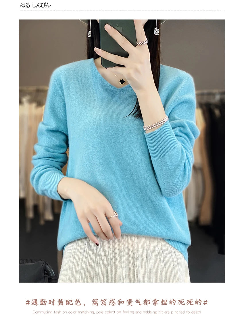Women 100% Merino Wool Sweater V-Neck Basic Pullover Autumn Winter Cashmere Clothing Long Sleeve Soft Knitwear Tops Solid Color