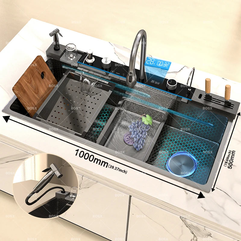 Küchenspüle, Wasserfall-Waschbecken aus Edelstahl, extra großer Einzelschlitz mit Digitalanzeige, Wasserhahn-Set für die Küche