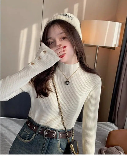 2025, weibliche Casual Tops Pullover Frauen Herbst Winter Gestrickte Dünne Pullover Feste Taste Volle Hülse Halb Hohen Kragen Pullover.