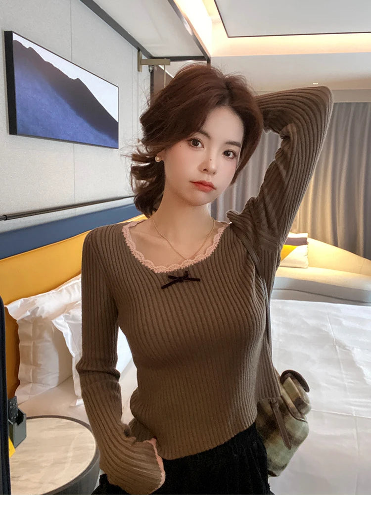 HOUZHOU Vintage Elegante Kokette Gestrickte Pullover Frauen Koreanischen Stil Cuteore Sexy Bogen Patchwork Quadrat Kragen Dünne Strickjacke 2025.