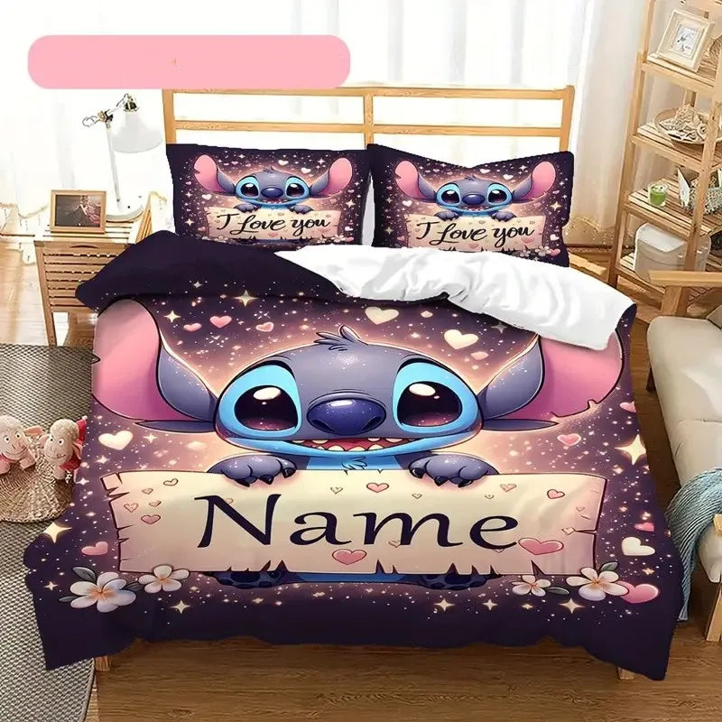 Customizable Stitch Anime Duvet Cover with 2 Pillowcases Cartoon Personalized Name Bedding Set for Women Children Teens.