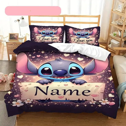 Customizable Stitch Anime Duvet Cover with 2 Pillowcases Cartoon Personalized Name Bedding Set for Women Children Teens.