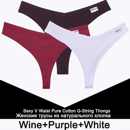 FINETOO 3PCS/Set G-string Panties Cotton Women's Underwear Sexy Panty Female Underpants Thong Solid Color Lingerie T-Back Design