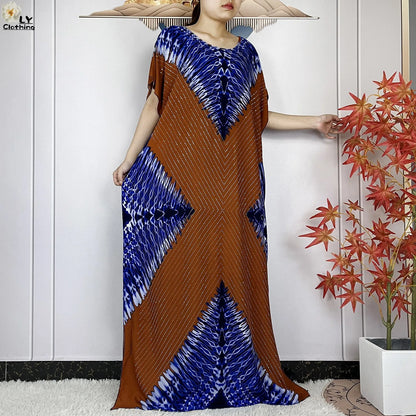 2024 New Muslim Women Dashiki Printed Dress Flower Diamonds Loose Dress With Big Scarf Islamic African Women Short Sleeve Abaya.