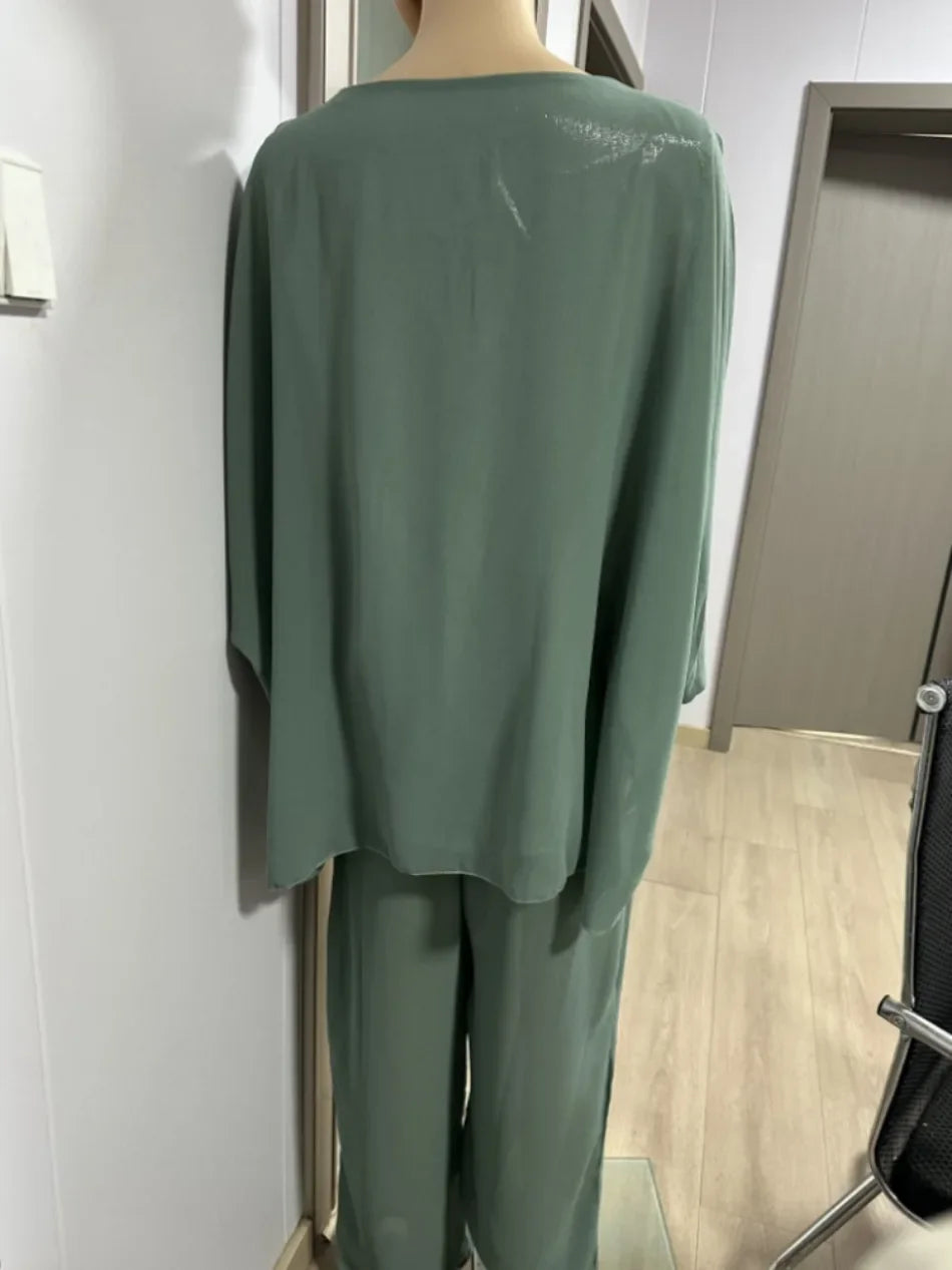 Fashion 2 Piece Set Party Outfits New Spring Summer Elegant Women's Suit Casual Bat Wing Sleeve Blouse Top with Wide Leg Pants.