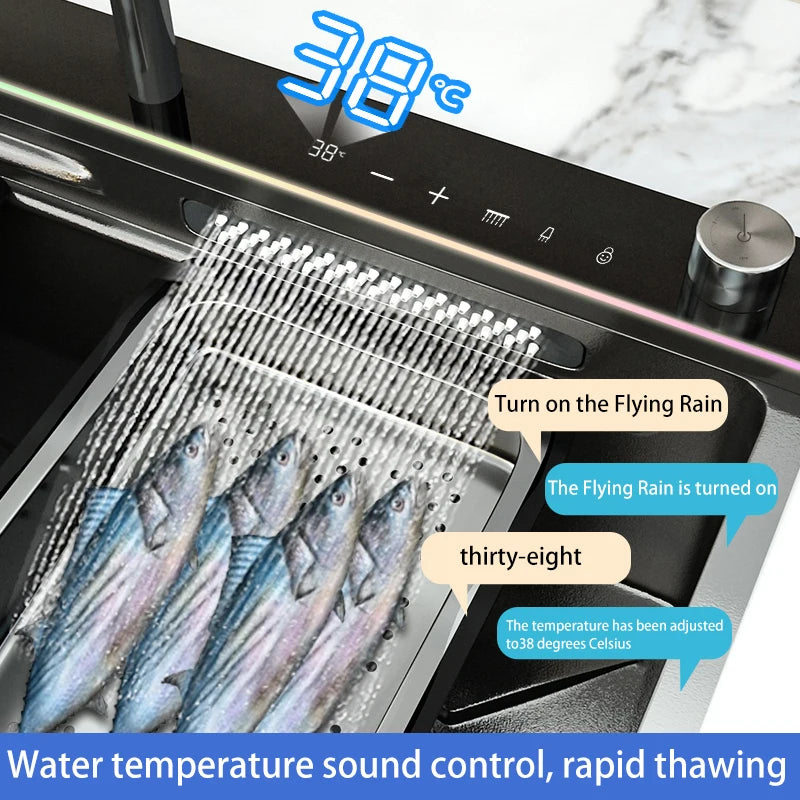 AI voice-controlled Stainless Steel Kitchen Sink With Waterfall  Embossed Large Single Slot Multifunction Dishwashing Sinks