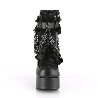 Gothic Style Chain Lace Up Bow Women Short Boots Retro Round Toe Square Heel Chunky Platform Ankle Boots Punk Ladies Party Shoes.
