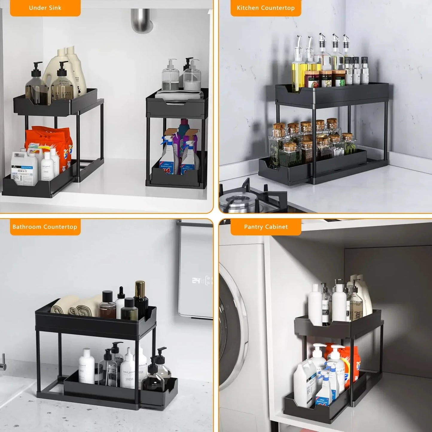 2 Tier Under Sink Organizer Sliding Cabinet Basket Organizer Storage Rack with Hooks Hanging Cup Bathroom Kitchen Organizer