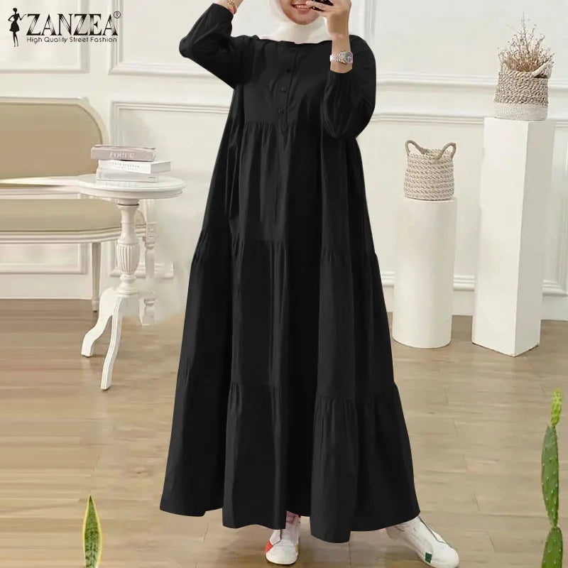 ZANZEA O Neck Casual Loose Maxi Dress Tiered Islamic Hijab Women Long Sleeve Long Vestidos Muslim Fashion Autumn Abaya Robes.