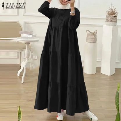 ZANZEA O Neck Casual Loose Maxi Dress Tiered Islamic Hijab Women Long Sleeve Long Vestidos Muslim Fashion Autumn Abaya Robes.