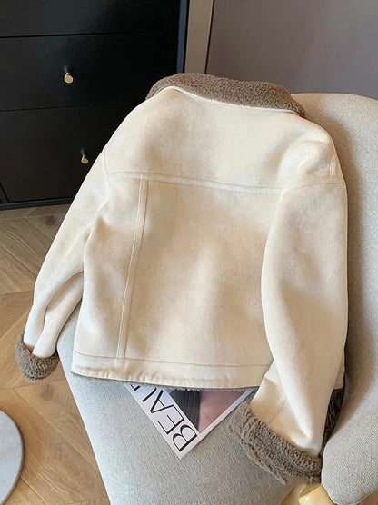 Wildleder Samt Lamm Jacke Frauen Herbst Winter Dicke Warme Turndown Kragen Mantel Y2K Lose Streetwear Alle Spiel Langarm Outwear.