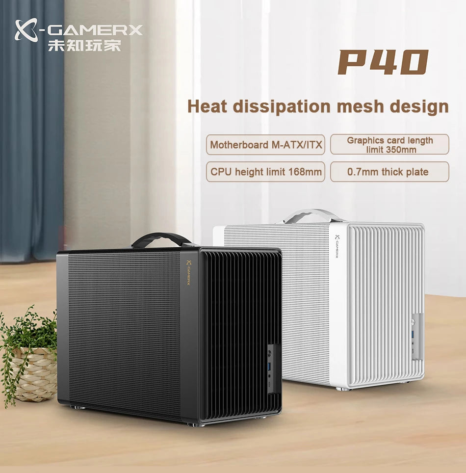 Power Train P40 MATX Mesh Case Handheld DIY Mini Compact ITX Type-c Desktop Game Computer Chassis Supports 350mm Graphics Card.