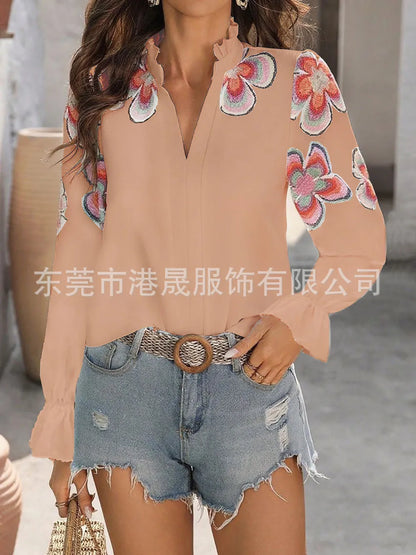 New Fashion American European Women's Printed Casual Trendy Loose V-neck Long Puff Sleeve Simple Basic Shirts Female Clothes.