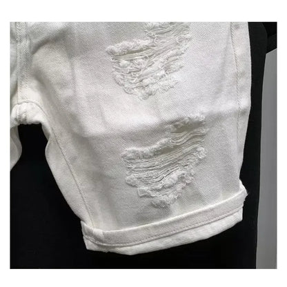 New Men's Denim Shorts Trendy Solid Color Ripped Slim Fit High Waist Elastic Waist Breathable Quick Dry Cotton Pants.