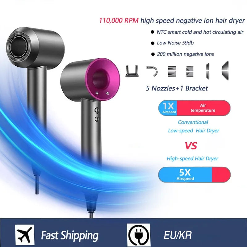 High-speed bladeless hair dryer, professional negative ion hair dryer, quick drying, powerful 1600W home styling tool