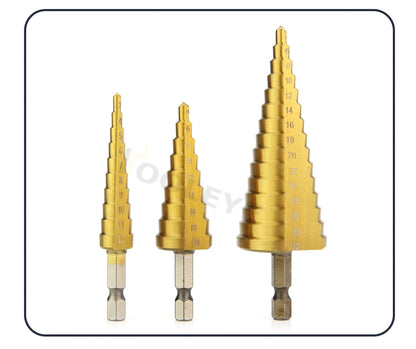 TOOLEYE HSS Titan Stufenbohrer Bühnenbohrer für Metall Holz Hochgeschwindigkeits-Stufenbohrer-Set Elektrowerkzeuge 3-12 4-12 4-20 4-32 mm