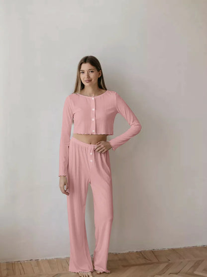 Spring and Autumn New Ladies Sexy Pajamas Homewear Suit Knitted Design Sense Containing Cotton Long-Sleeved Long Pants Suit.