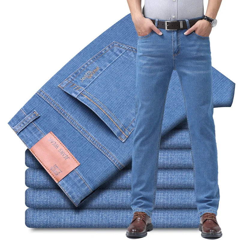 2024 New Brand Men's Fit Straight Lightweight Cotton Stretch Denim Pants Casual Male High Waist Thin Light Blue Business Jeans.