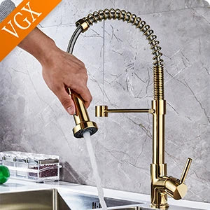 VGX Kitchen Faucet with Pull Down Sprayer Single Handle Mixer for Basin 360° Rotating Spring Style Taps Brass Chrome Gold Black