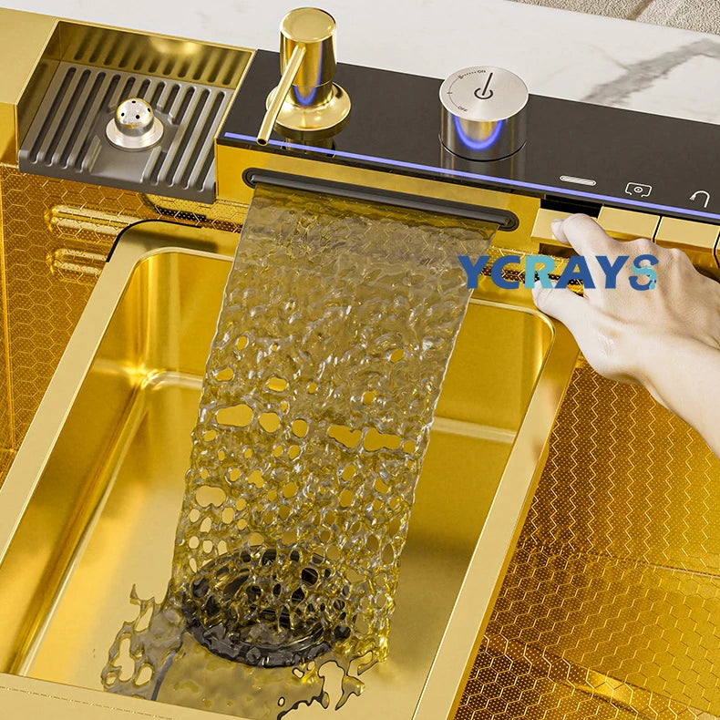 YCRAYS White Nano Kitchen Sink Large Single Slot Waterfall Integrated Digital Display Faucet Soap Dispenser Cup Washer Pure Tap