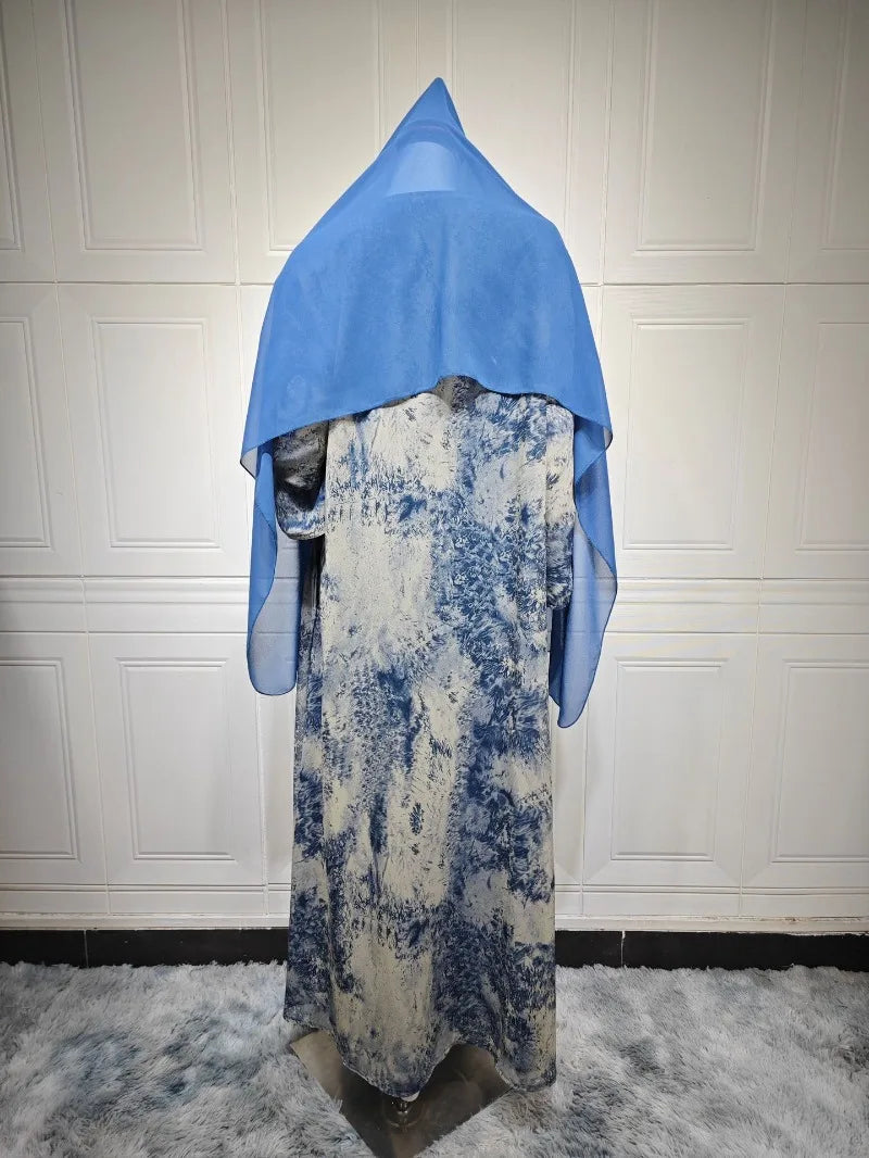 2025 sommer Arabisch Frauen Muslimische Kleidung Ramadan Dubai Offene Abaya Kleid mit Hijab Islam Gedruckt Chiffon 2 Stück Outfit