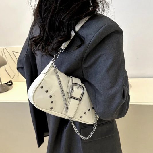 Vintage Rivet Women's Shoulder Bags Solid Color Ladies Underarm Bag Fashion Chain Small Handbags PU Leather Female Tote Purse.