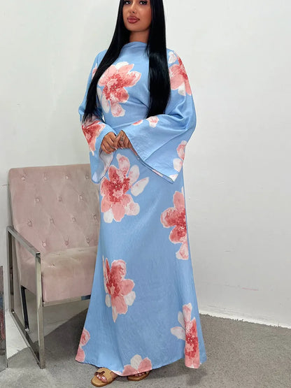 Women Arabic Eid Muslim Dubai Abaya Luxury Fashion Flower Print Maxi Dress Ramadan Robe Femme African Islam Clothing Kebaya.