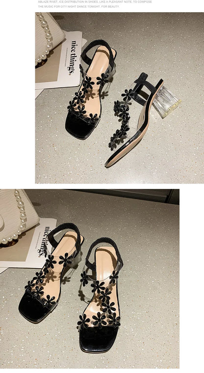Women;s Sandals Pvc Crystal Flower Shoes for Women Decoration Chunky Heel Sandals Ladies Back Strap Fashion Shoes Female2024