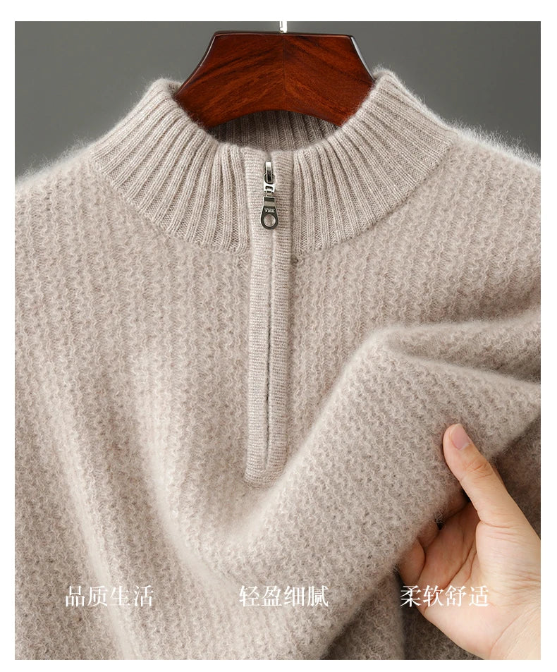 Men's 100% Merino Wool Thicken Sweater Half Zipper Mock Collar Pullover Autumn Winter Cashmere Knitwear Business Casual Clothing.