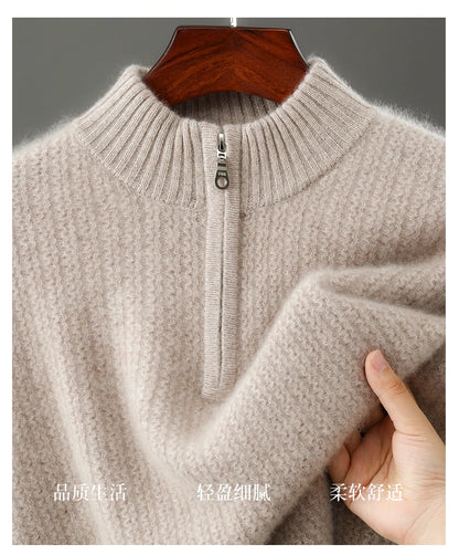 Men's 100% Merino Wool Thicken Sweater Half Zipper Mock Collar Pullover Autumn Winter Cashmere Knitwear Business Casual Clothing.