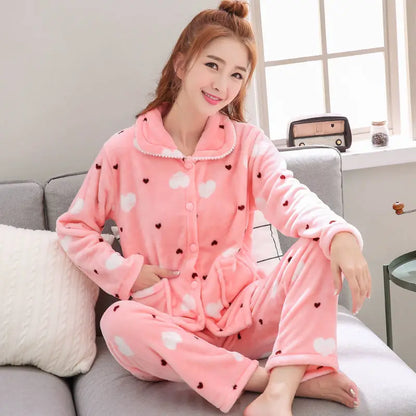 New Women's Autumn and Winter Warm Pyjamas Homewear Suit Coral Velvet Pajamas Girls Padded Thickened Sweet Flannel Homewear.