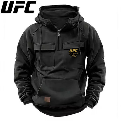 UFC Autumn Winter Men's Hooded Solid Hoodies Sweatshirts Sports Outdoor Casual Hoodie Coat Jackets Multi Pockets Male Zipper.