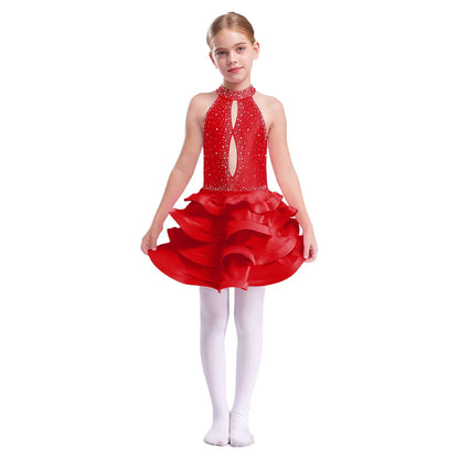 Eiskunstlauf-Kostüm für Teenager-Mädchen, lateinamerikanischer Tanz, Cha-Cha, Tango, Performance-Tanzbekleidung, ärmelloses, gestuftes Kleid mit Strasssteinen
