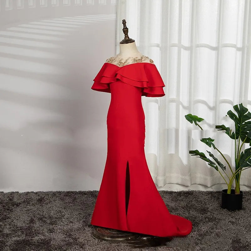 Elegantes Galakleid für Mädchen und Kinder, luxuriöse rote Meerjungfrau-Kleider für Gastgeber, Teenager-Mädchen, Klavier-Performance-Kostüm, Kinder-Vestido.
