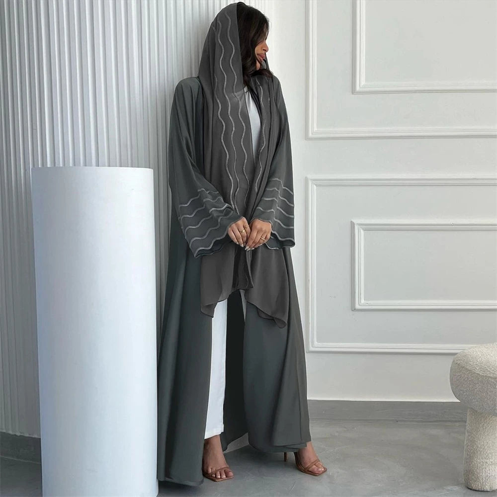 Ramadan Eid Women Gray Black Dubai Khimar Abaya Islam Muslim Kimono Hijab Dress Set Kebaya Kaftan Djellaba Robe Femme Musulmane.