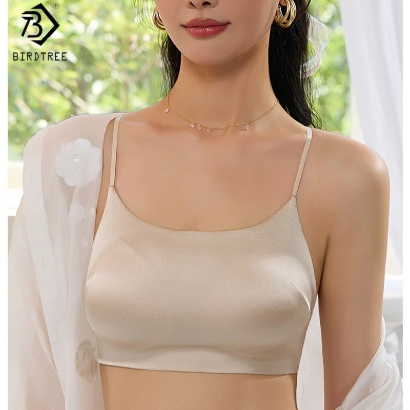 Birdtree 19MM 93% Mulberry Silk 7% Spandex Solid Bra,Women Satin 3/4 Cup U-shaped Back Soft Breathable Sling Underwear A59124JF.
