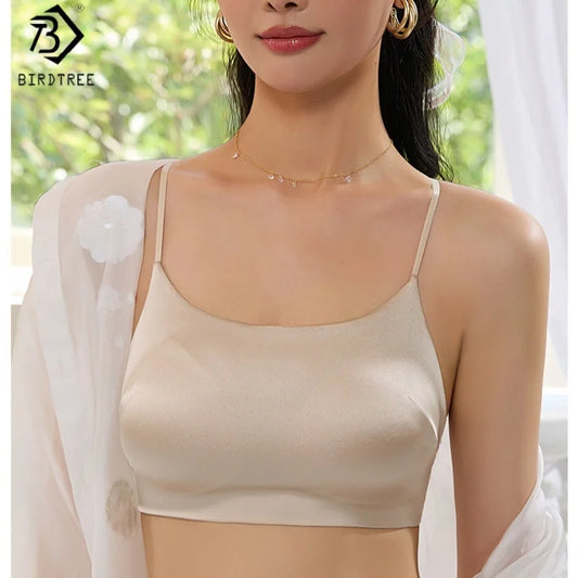Birdtree 19MM 93% Mulberry Silk 7% Spandex Solid Bra,Women Satin 3/4 Cup U-shaped Back Soft Breathable Sling Underwear A59124JF.
