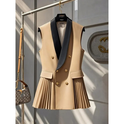 Frühling Sommer Jacke Weste Farbe Block Kaffee Ärmellose Blazer Weste Retro Weibliche Oberbekleidung Alle-spiel Mode Büro Dame.