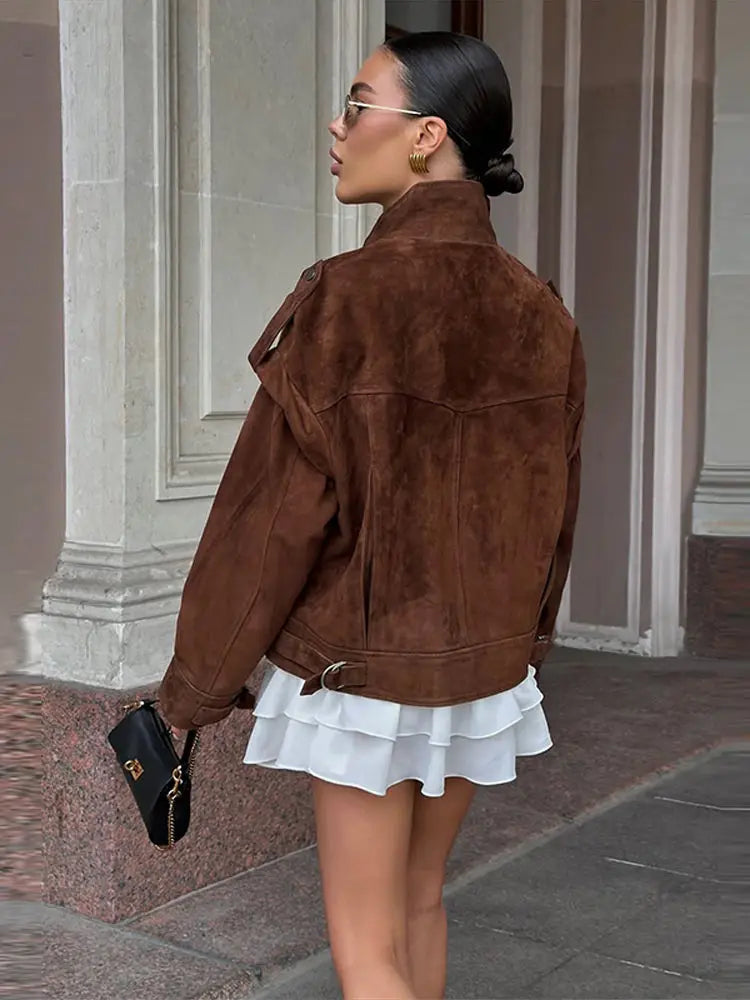 Wildleder Fleece Taschen Damen Jacken Mode Einreiher Langarm Mäntel Lose Gerade Kurze Tops Herbst Warme Kleidung.