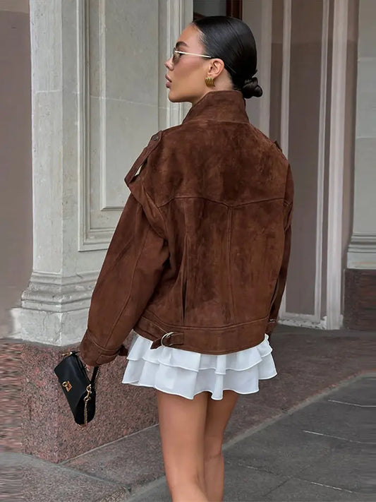 Wildleder Fleece Taschen Damen Jacken Mode Einreiher Langarm Mäntel Lose Gerade Kurze Tops Herbst Warme Kleidung.