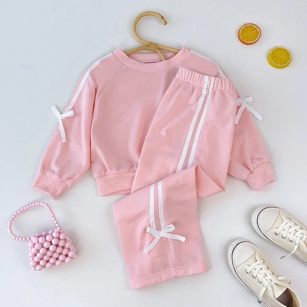 Bear Leader Kids Clothes Girls Autumn Fashion Bow Decoration Pink Sports Top+Pants Two-piece Sets Children's Daily Casual Wear.