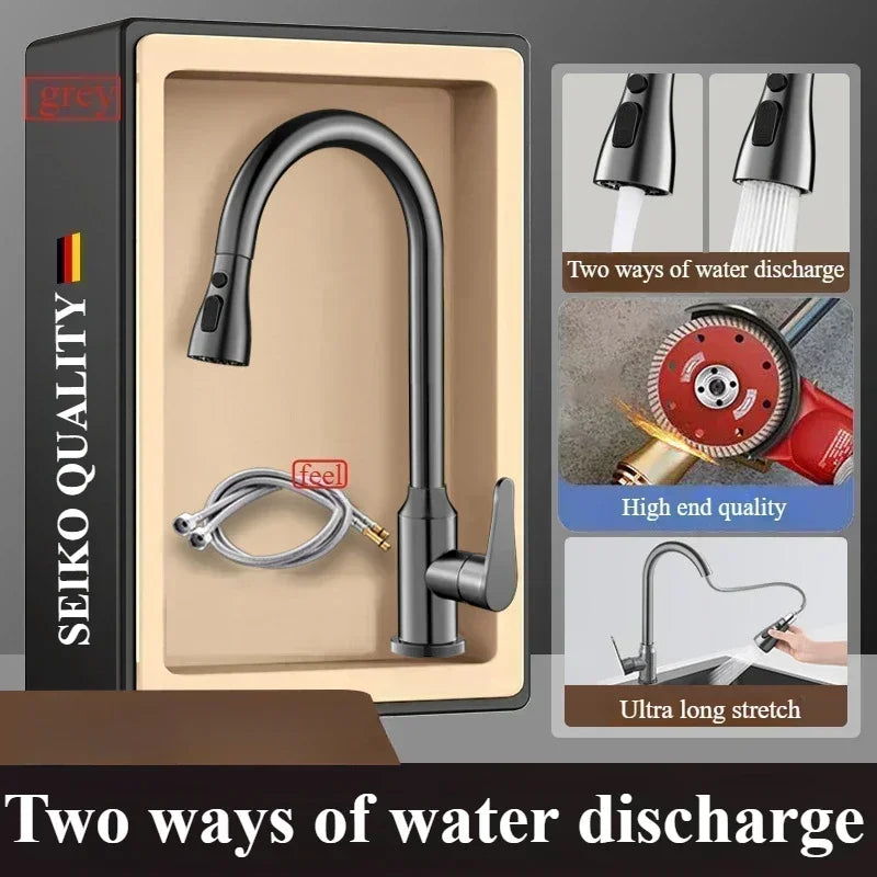 Kitchen Faucets Fine copper gun gray kitchen sink pull-out faucet household sink washbasin rotating hot and cold faucet