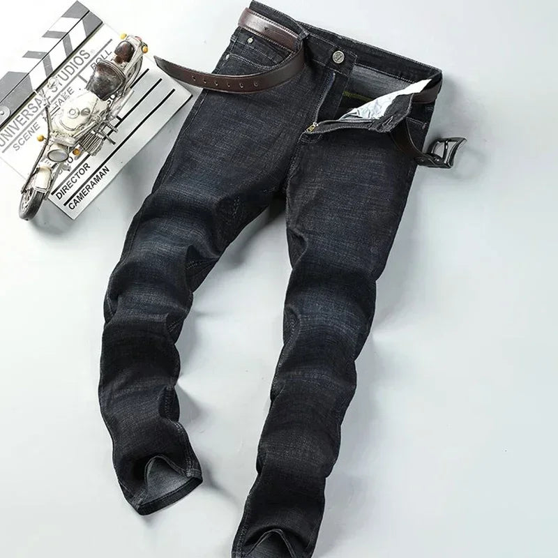 Men Fashion Stretch Jeans Male Classic Business Slim Fit Straight Leg Denim Trousers Solid Casual Long Pants.