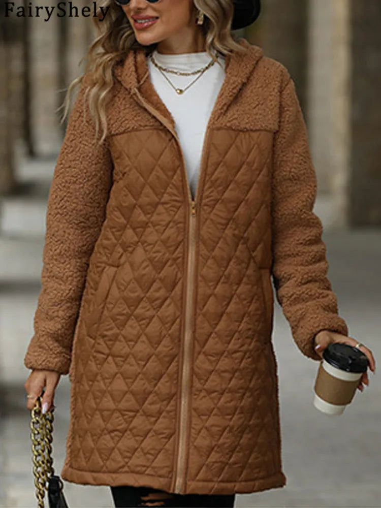 FairyShely 2025 Winter Solide Frauen Jacke Dicken Plüsch Mit Kapuze Warme Lange Hülse Langen Mantel Weiche Zipper Patchwork Strickjacke Dame Mantel.