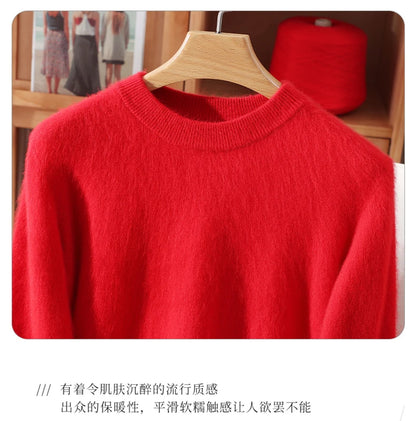 Women's Round-neck Mink Cashmere Sweater Soft Pullover Jumper Comfortable Knitted Top for Autumn Winter Pure Mink Material