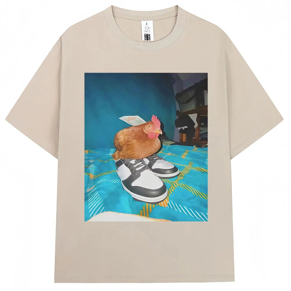 Funny Dripped Out Chicken Meme Print T-shirts Humor Chicken with Shoes Men Women T Shirt Creativity Popular Loose Cotton T-shirt.