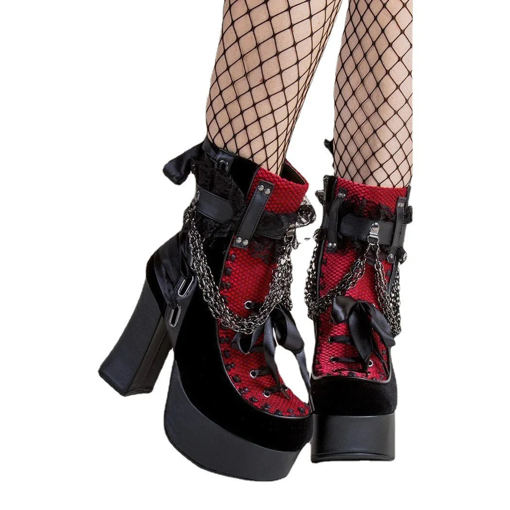 Gothic Style Chain Lace Up Bow Women Short Boots Retro Round Toe Square Heel Chunky Platform Ankle Boots Punk Ladies Party Shoes.