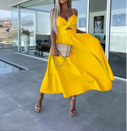 Damenbekleidung im neuen Stil von Amazon, Tank-V-Ausschnitt, großes Swoop-Kleid, schlank, dass Sie Ihre Silhouette glättet, mittellanges Kleid mit offenem Rücken