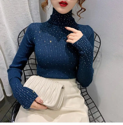 Women Clothing Fashion Elegant Turtleneck Pullover Autumn Winter Solid Slim Long Sleeve Sweater Office Lady Casual Dignified Top.